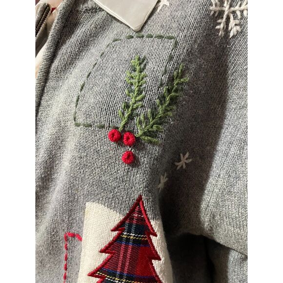 Vintage Southern Lady Christmas Knit Cardigan Sweater Gray Zip Front Large - Picture 4 of 11